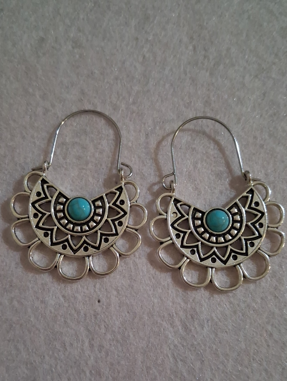 Bohemian Turquoise Accent Silver Hoop Earrings - Women Jewelry